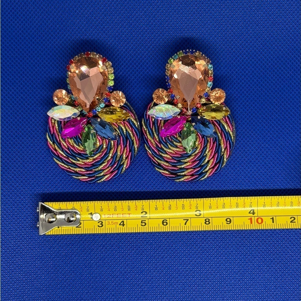 Bold MultiColor Rhinestones & Rope Dangle Earrings - Post Back - Picture 5 of 7